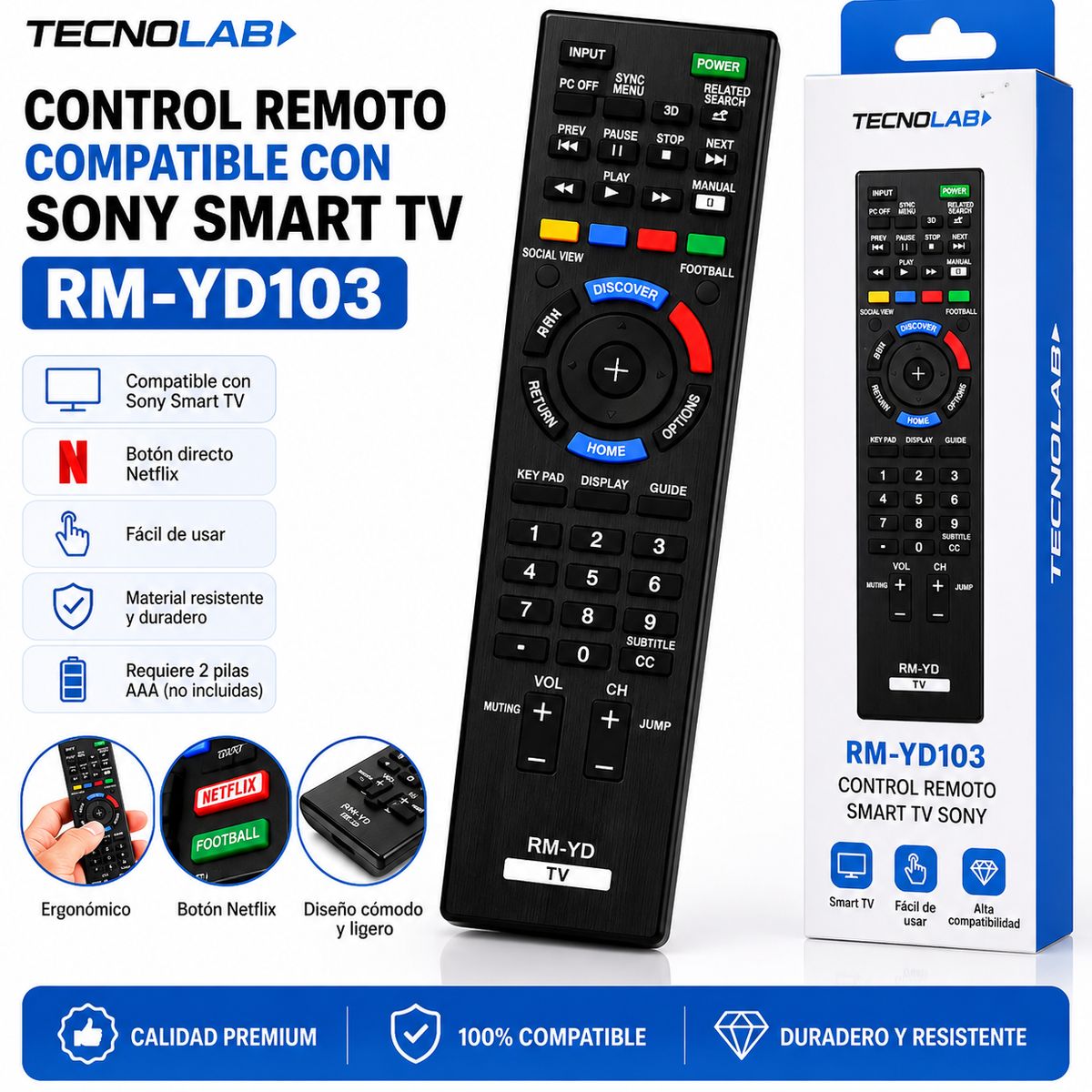TECNOLAB - Control Remoto Compatible con Sony Smart TV RM-YD103 Botón Netflix