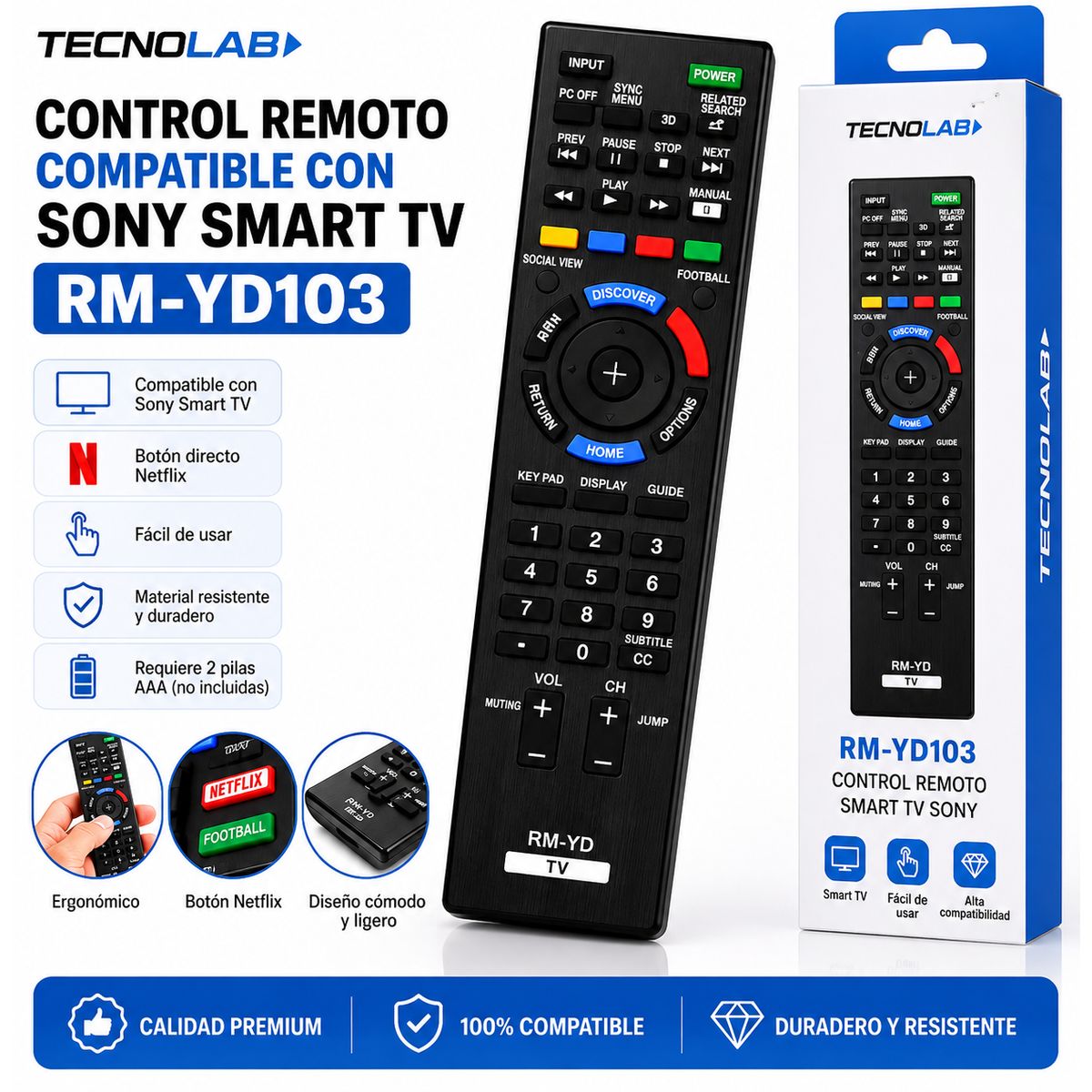 TECNOLAB - Control Remoto Compatible con Sony Smart TV RM-YD103 Botón Netflix