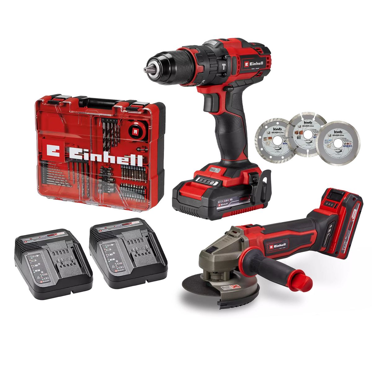 EINHELL - TALADRO PERCUTOR INALAMBRICO 18/40 +  MALETA 64 ACC + ESMERIL INALAM + BATERIA (4.0 Y 2.0 AH) + 2 CARGADOR + 3 DISCOS