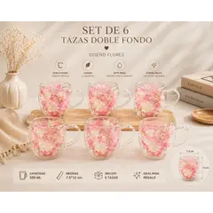 GENERICO - Set 6 Tazas Doble Fondo Vidrio Flores Decorativas 350ml