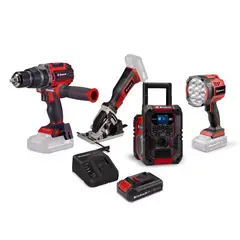 EINHELL - KIT TALADRO PERCUTOR PROFESSIONAL 18/70 + MINI SIERRA CIRCULAR + LAMPARA + RADIO + MALETA E-CASE + 2 STARTERKIT