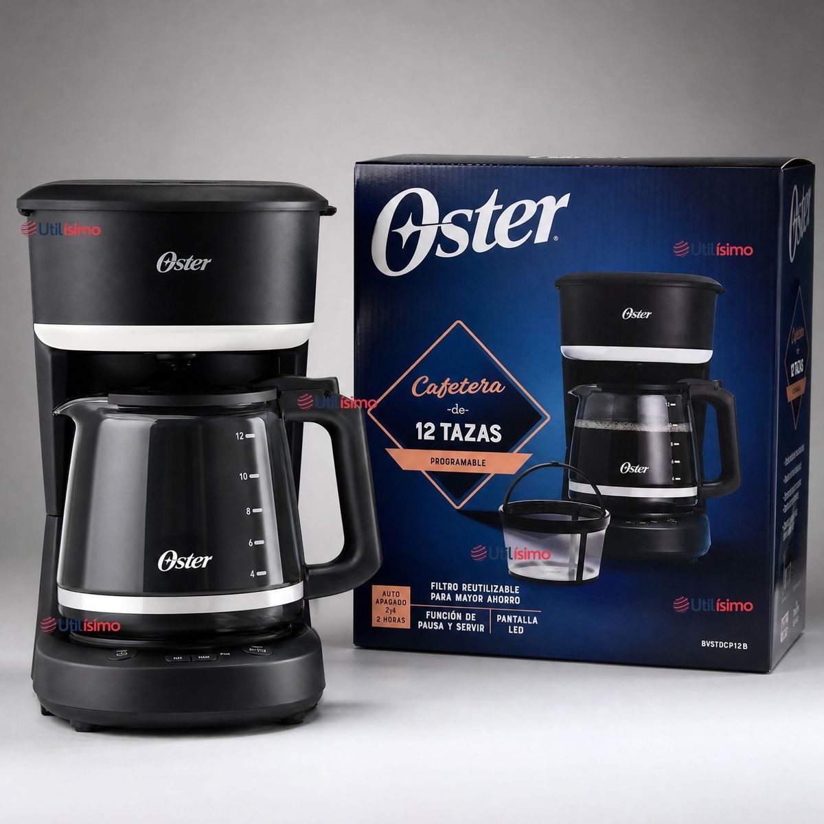 OSTER - Cafetera de goteo Oster® de 12 tazas, programable, con filtro reutilizable, Negro, BVSTDCP121B