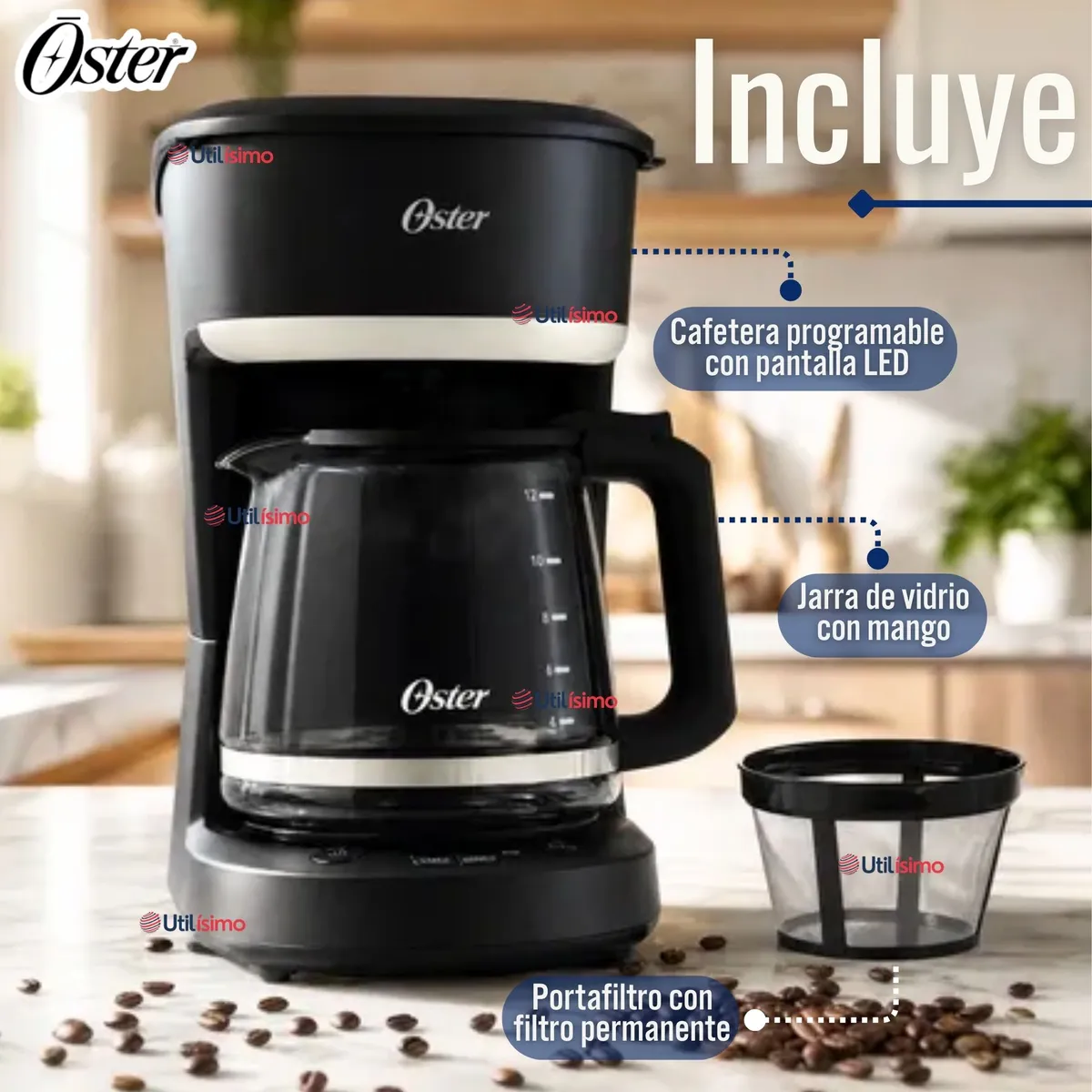 OSTER - Cafetera de goteo Oster® de 12 tazas, programable, con filtro reutilizable, Negro, BVSTDCP121B