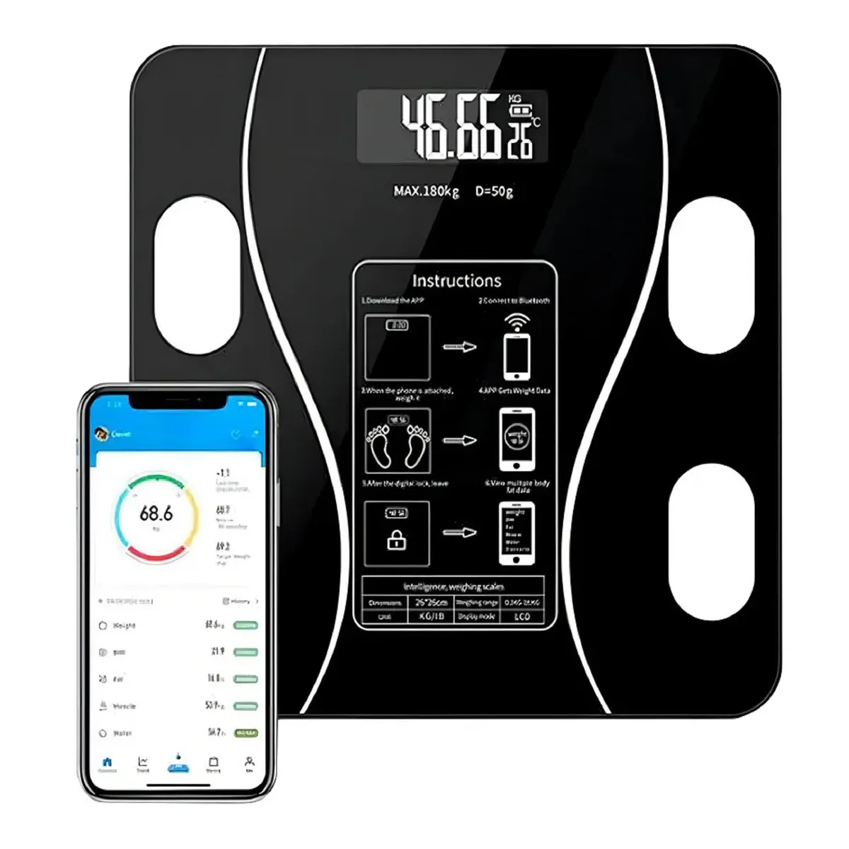 GENERICO - Pesa Digital De Baño Inteligente Recargable Bluetooth App