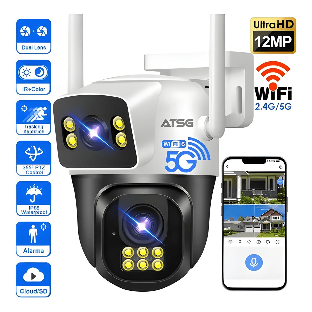 GENERICO - Atsg® 5g2.4g 2 Lente 2 Pantalla Cámara de Seguridad 12mp