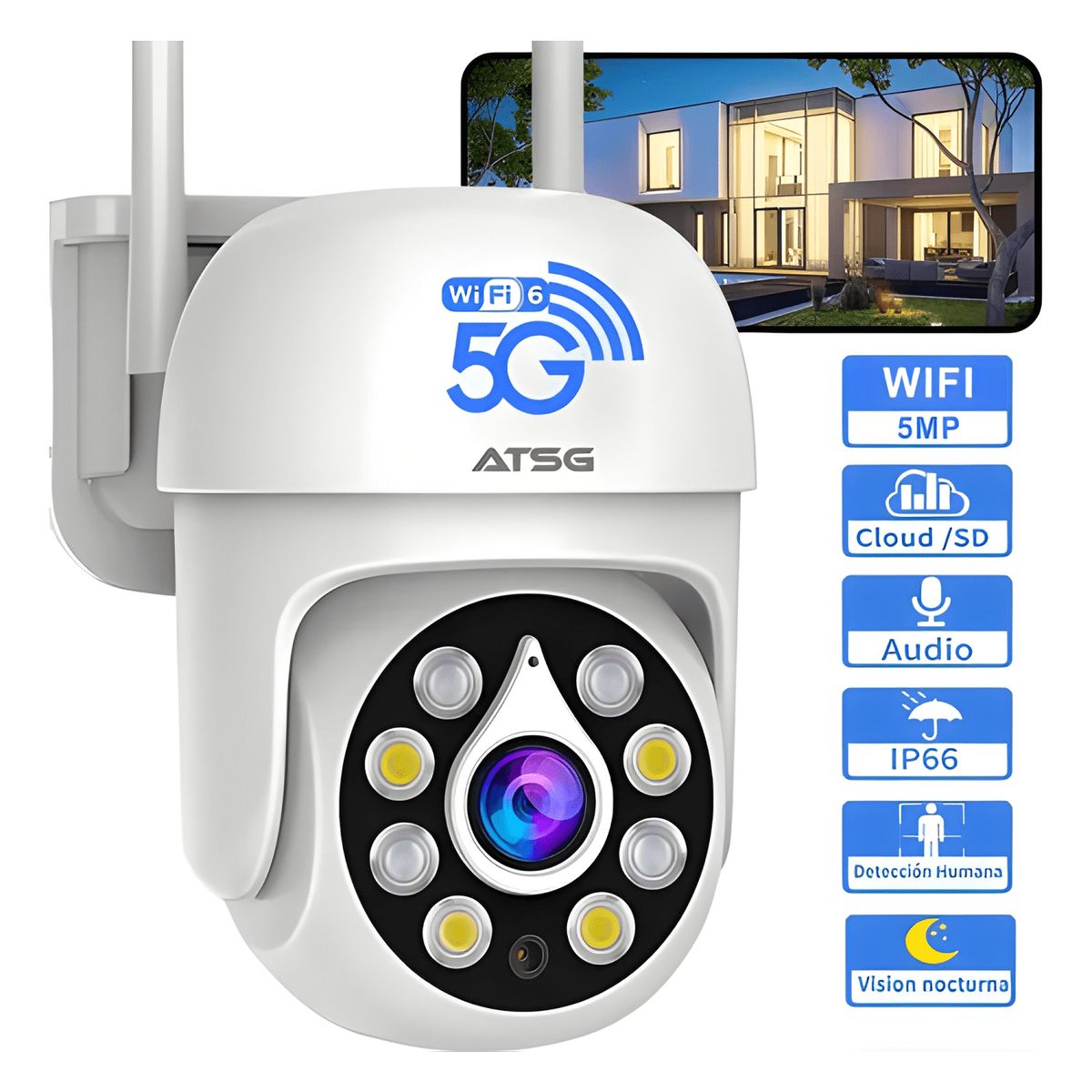 GENERICO - ATSG Cámara Seguridad Wifi 5MP Visión Nocturna, Audio