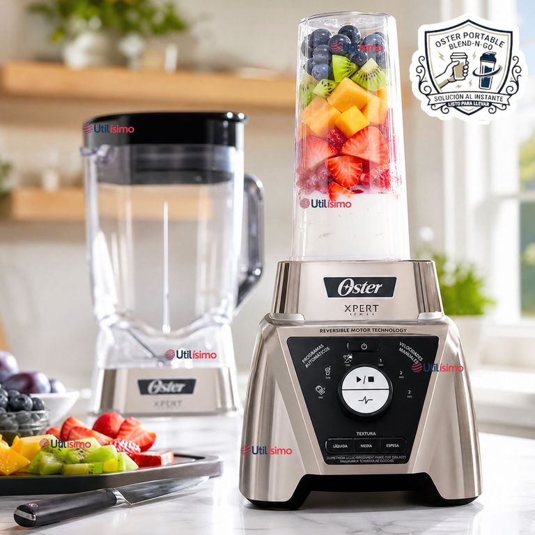 OSTER Licuadora Xpert Series™ niquelada con control de textura y un Blend N Go BLST3BCPG