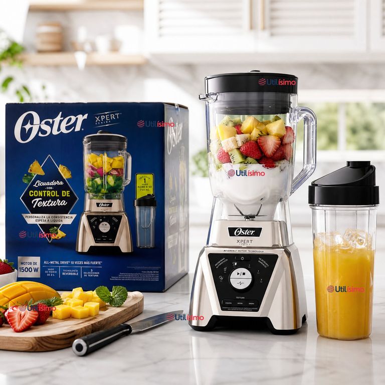 OSTER Licuadora Xpert Series™ niquelada con control de textura y un Blend N Go BLST3BCPG