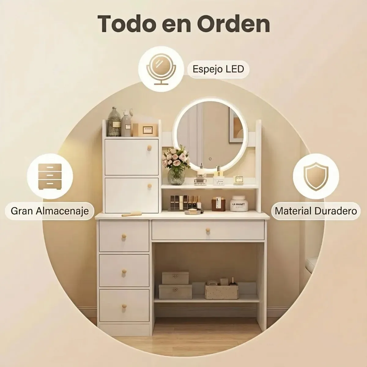 IDEEHOUSE - Peinadora Tocador Velador Con Espejo Luz 100x40x127cm