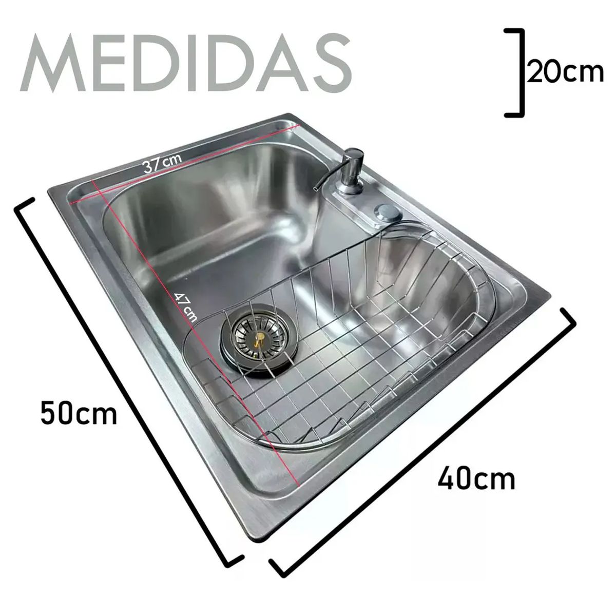 GENERICO - Lavaplatos 50x40cm Empotrado Acero Con Rejilla Y Dispensador Cromado