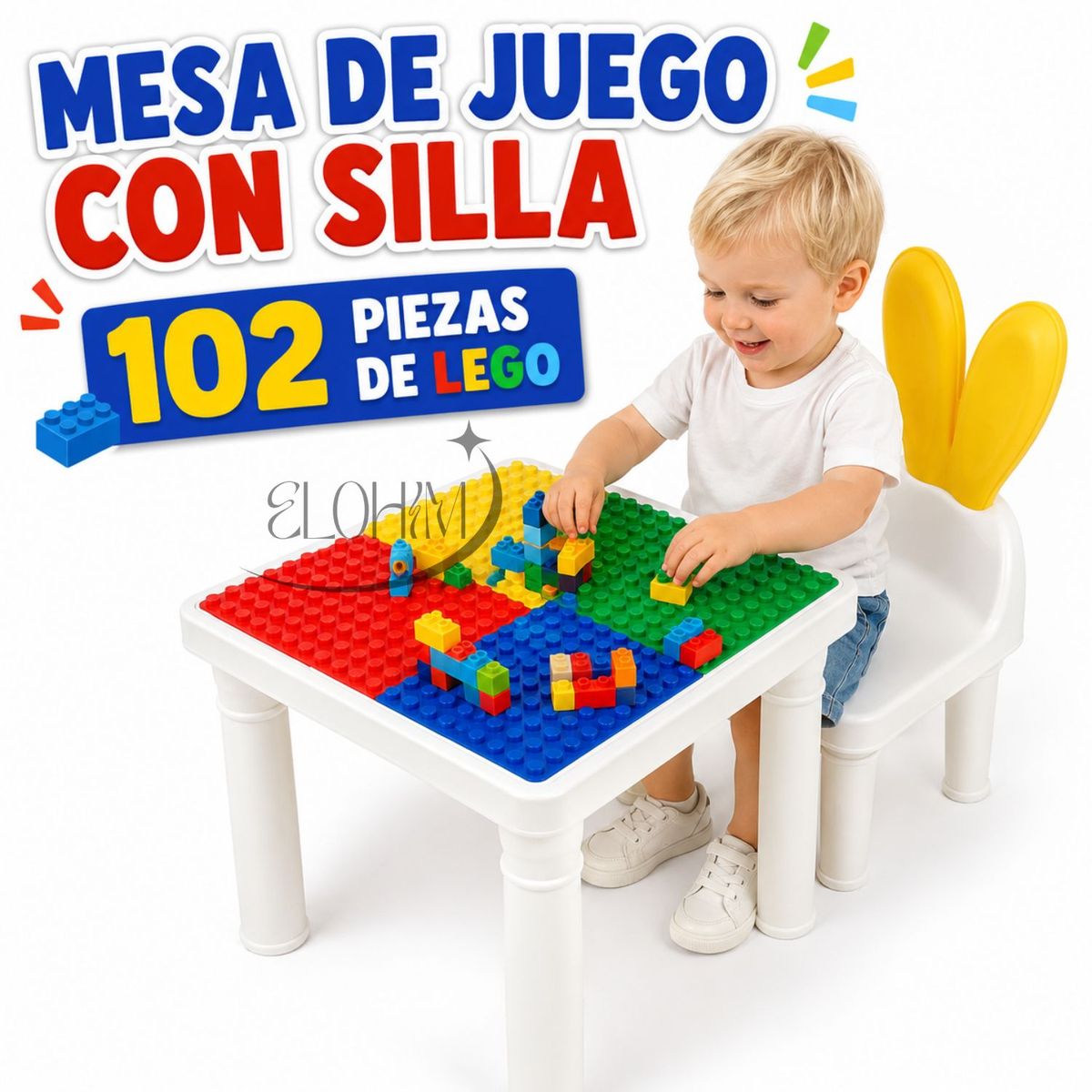 MOVI - MESA DE JUEGO CON SILLA Y 102 PIEZAS DE LEGO- ¡Construye, Aprende y Diviértete Sin Parar!