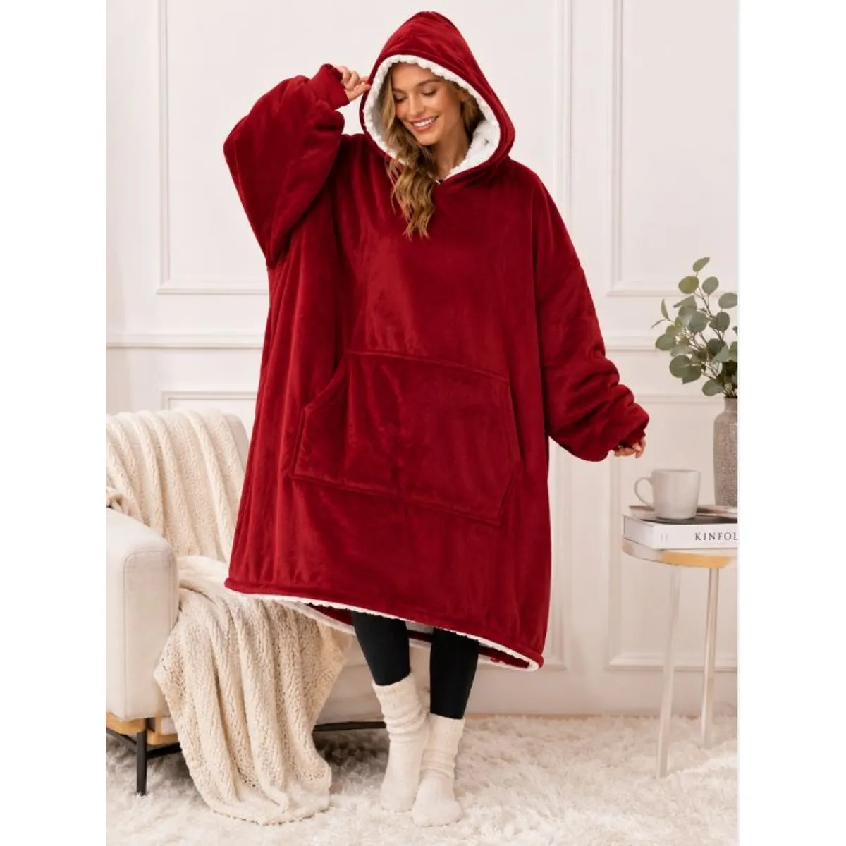 MOVI - Polerón Sherpa Oversize con Capucha Tipo Huggle  Talla Única - Rojo
