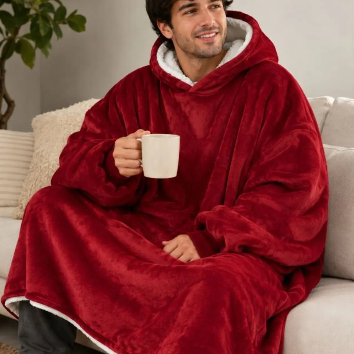 MOVI - Polerón Sherpa Oversize con Capucha Tipo Huggle  Talla Única - Rojo