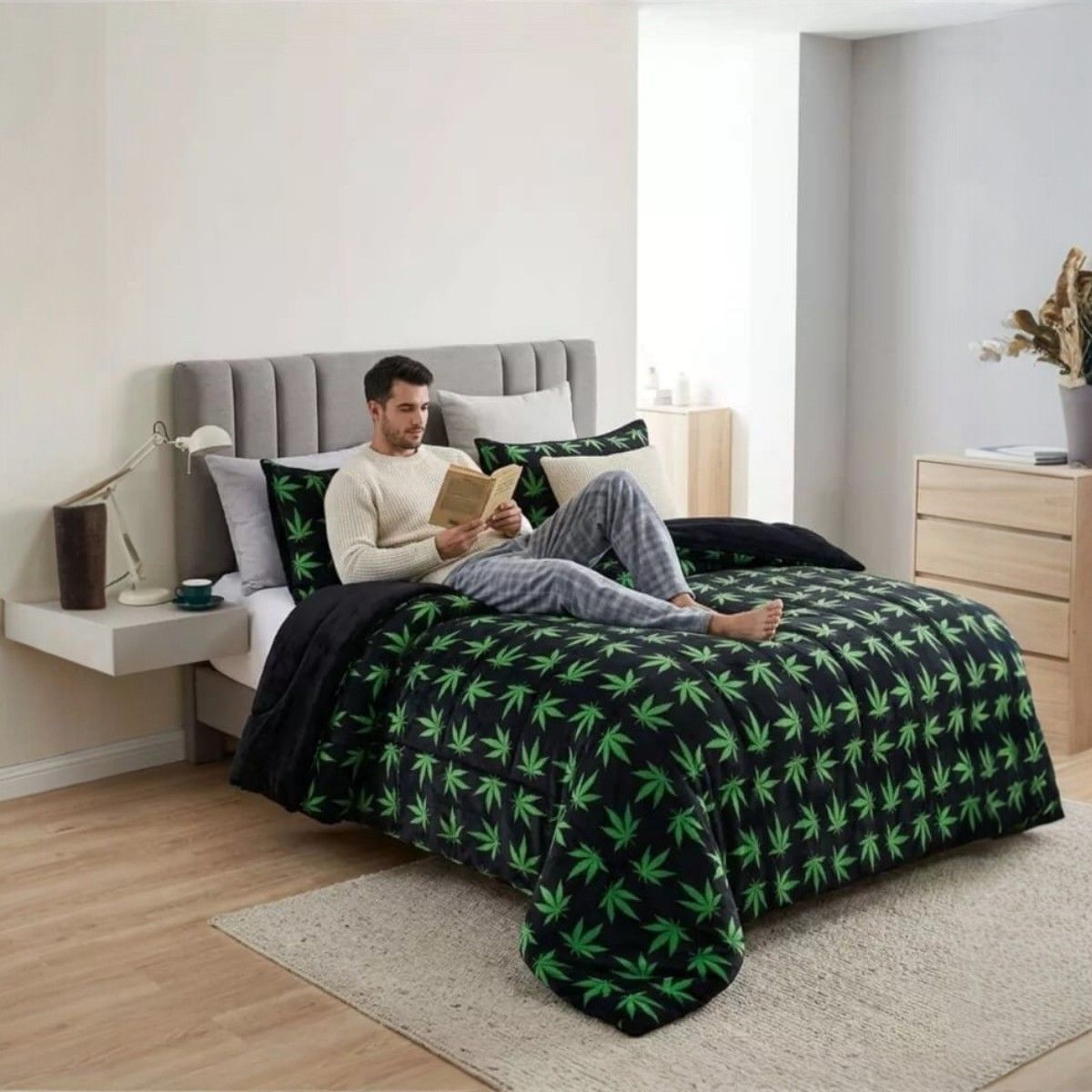 GENERICO - Cobertor De Invierno 1.5 Plazas Plush Con Chiporro Diseño Hojas De Cannabis