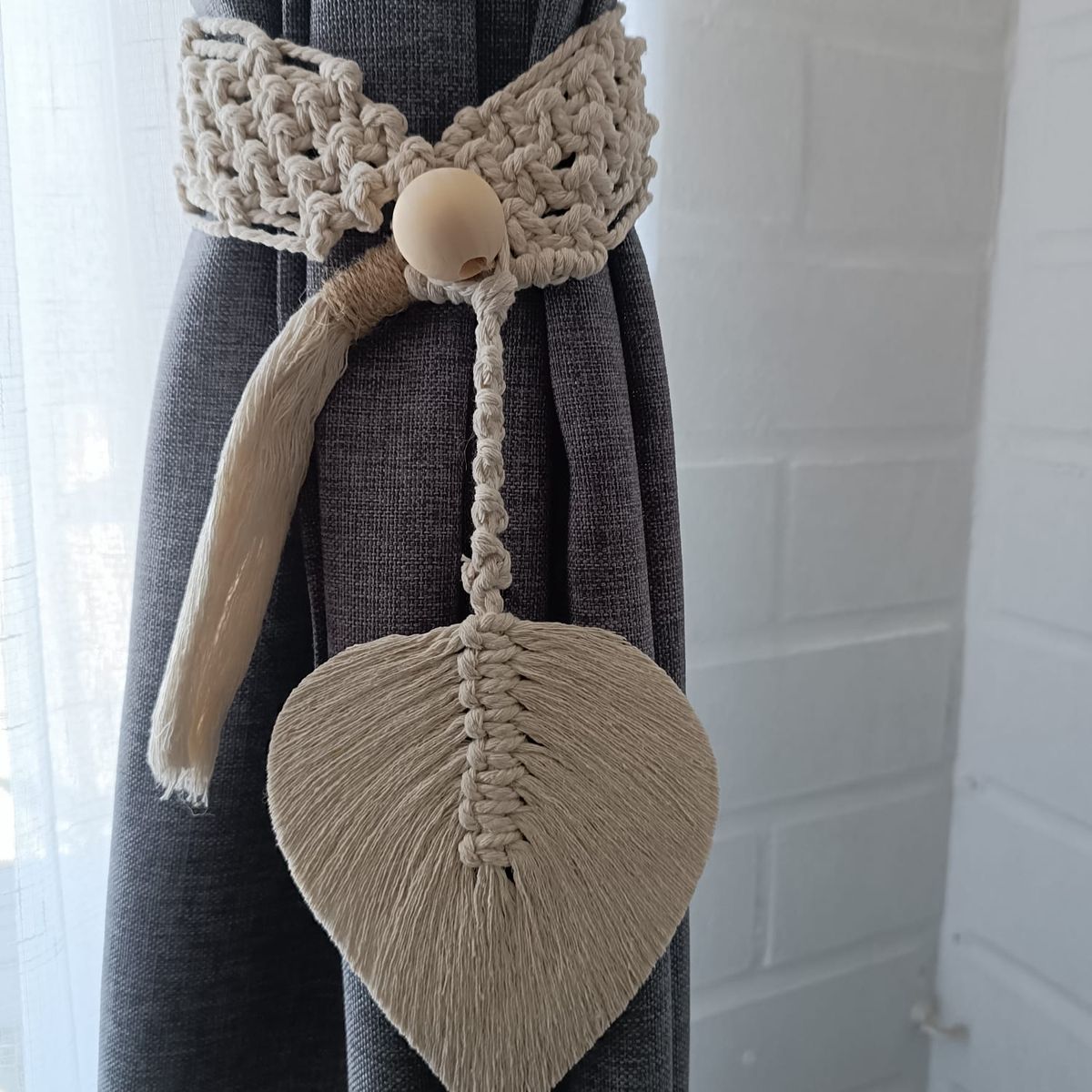 GENERICO - Par Sujeta Cortinas Macramé Boho Chic Crudo