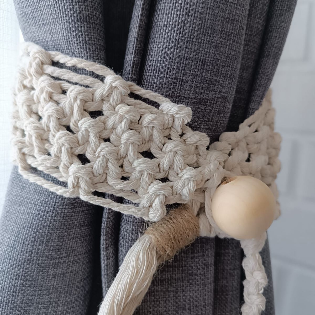 GENERICO - Par Sujeta Cortinas Macramé Boho Chic Crudo