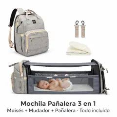 MOVI - Mochila Pañalera 3 en 1 con Moisés y Mudador Plegable – Gris – 0 a 12 Meses