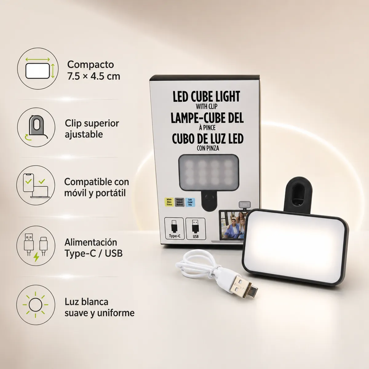 GENERICO - Luz LED Recargable con Pinza, para Celular y Video Llamadas