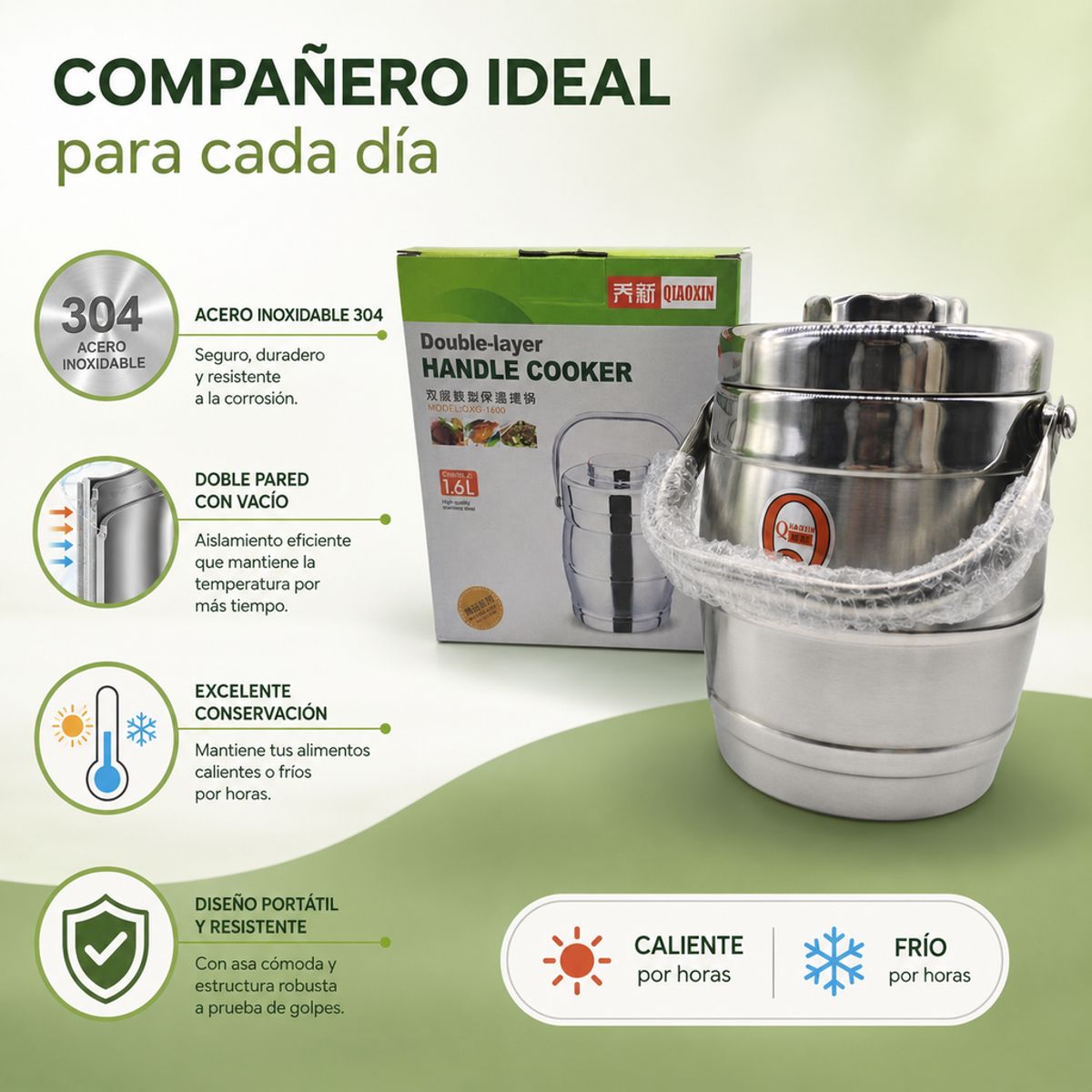 GENERICO - Lonchera Térmica de Acero Inoxidable 1.6L, Doble Pared, Aislante para Comida