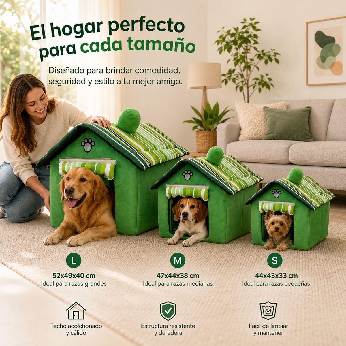 GENERICO - Set de 3 Casitas para Perros con Cortina, 3 Tamaños, Cama Cerrada para Mascotas