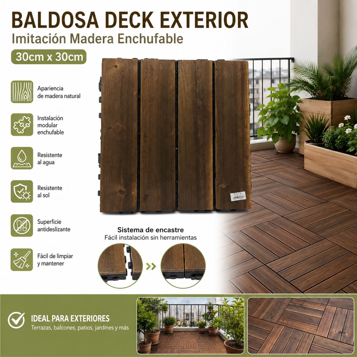 GENERICO - Baldosas de Madera Carbonizada para Exteriores, 30x30cm, Intercambiables