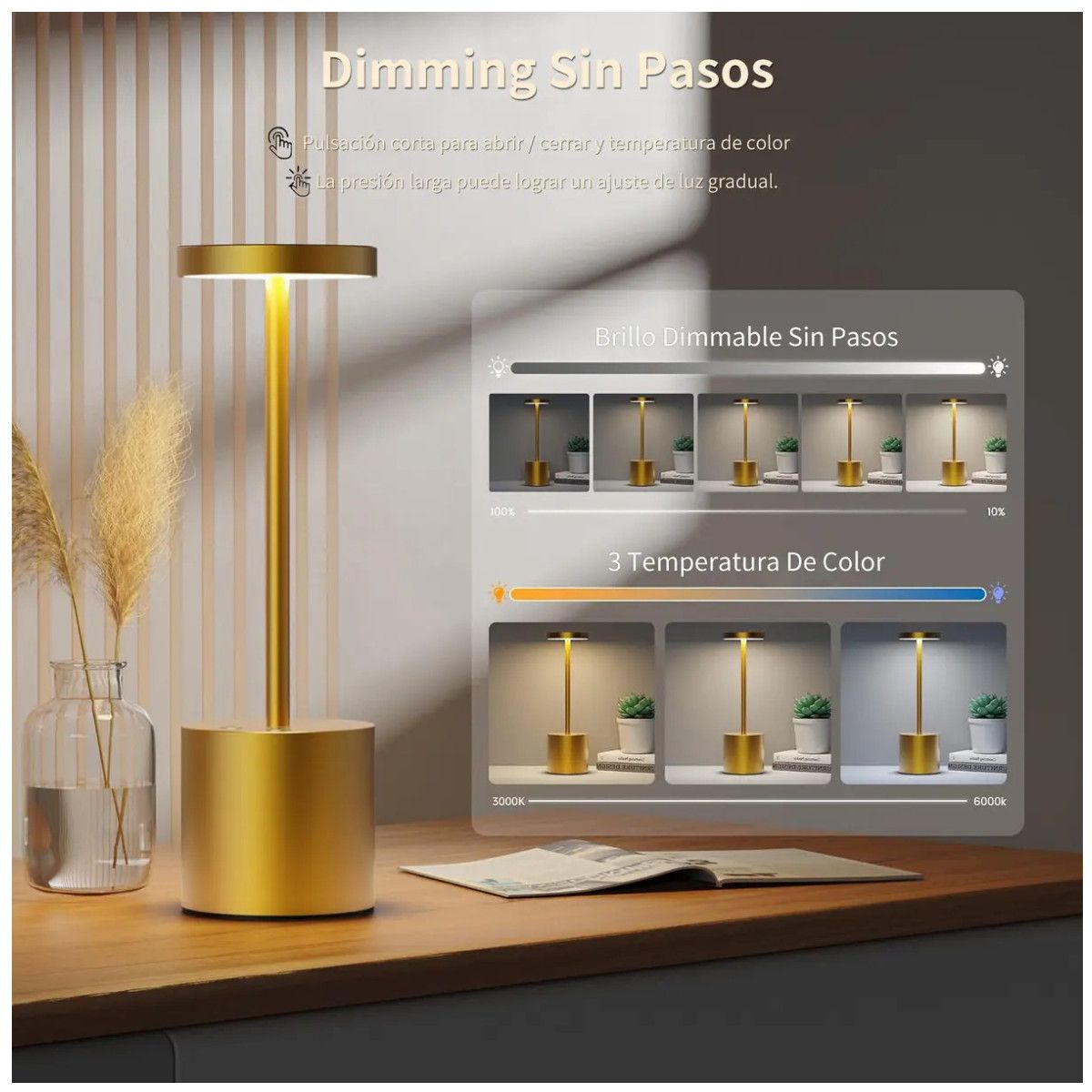 KUANGYE - Lámpara De Escritorio Usb De Metal Led Inalámbrica Recargable Dorado