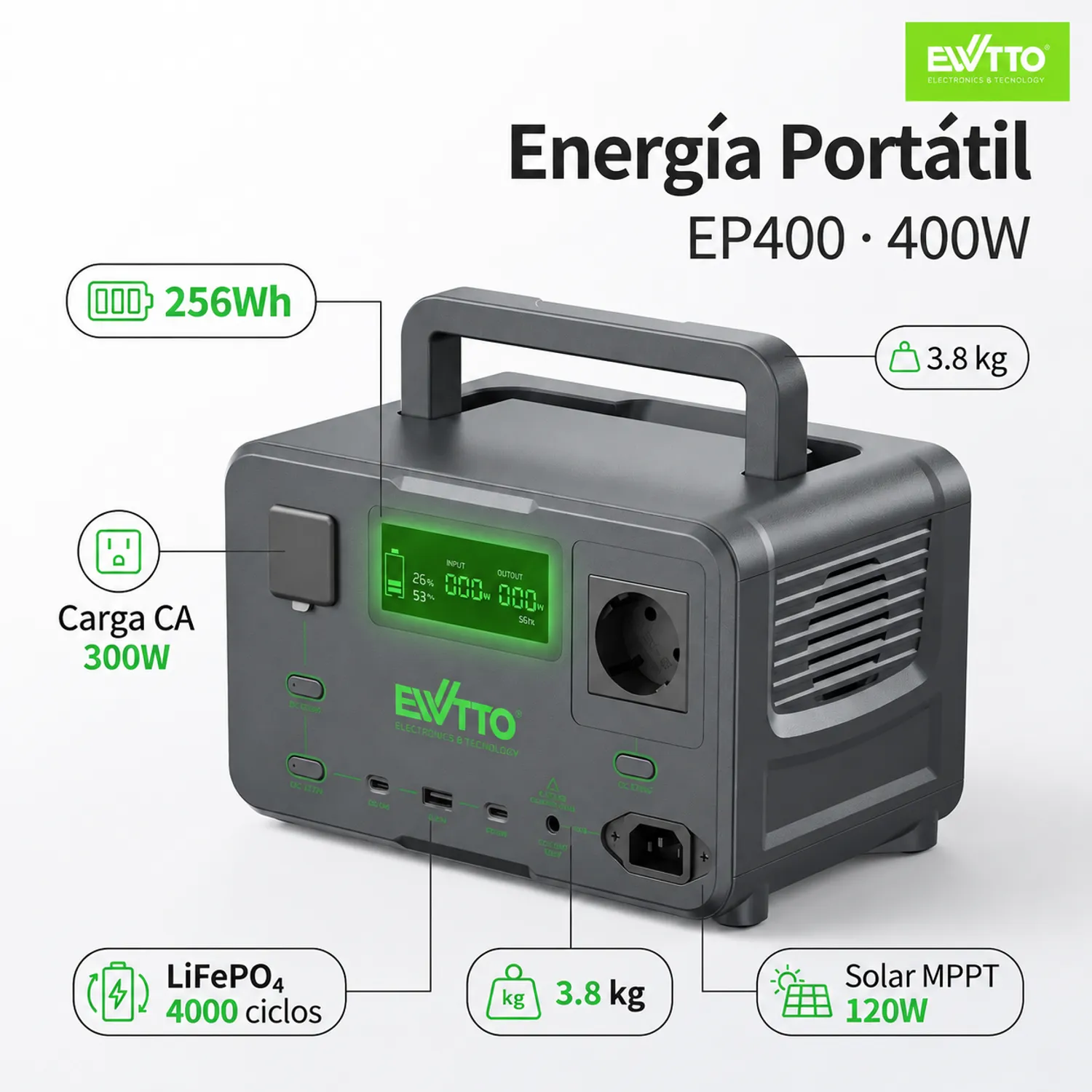 EWTTO EP400 Generador Solar Portátil 400W 256Wh - LiFePO4, Carga