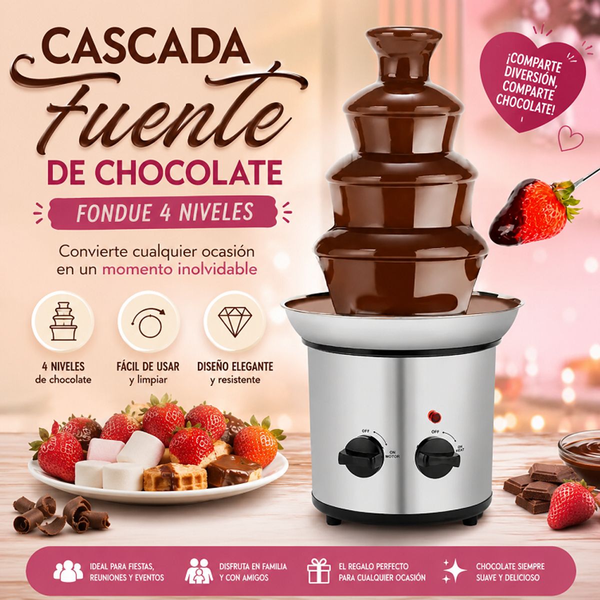 MOVI - Cascada Fuente Chocolate Fondue 4 Niveles Acero Inoxidable