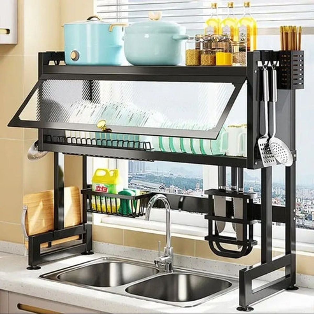 GENERICO - ESCURRIDOR DE PLATOS PREMIUM MULTIFUNCIONAL CON GABINETE 65CM COLOR NEGRO