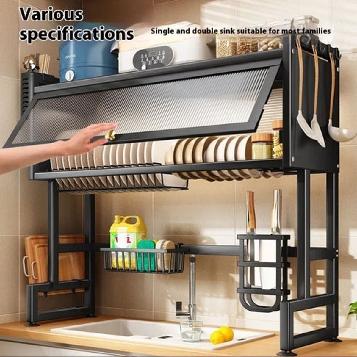 GENERICO - ESCURRIDOR DE PLATOS PREMIUM MULTIFUNCIONAL CON GABINETE 65CM COLOR NEGRO