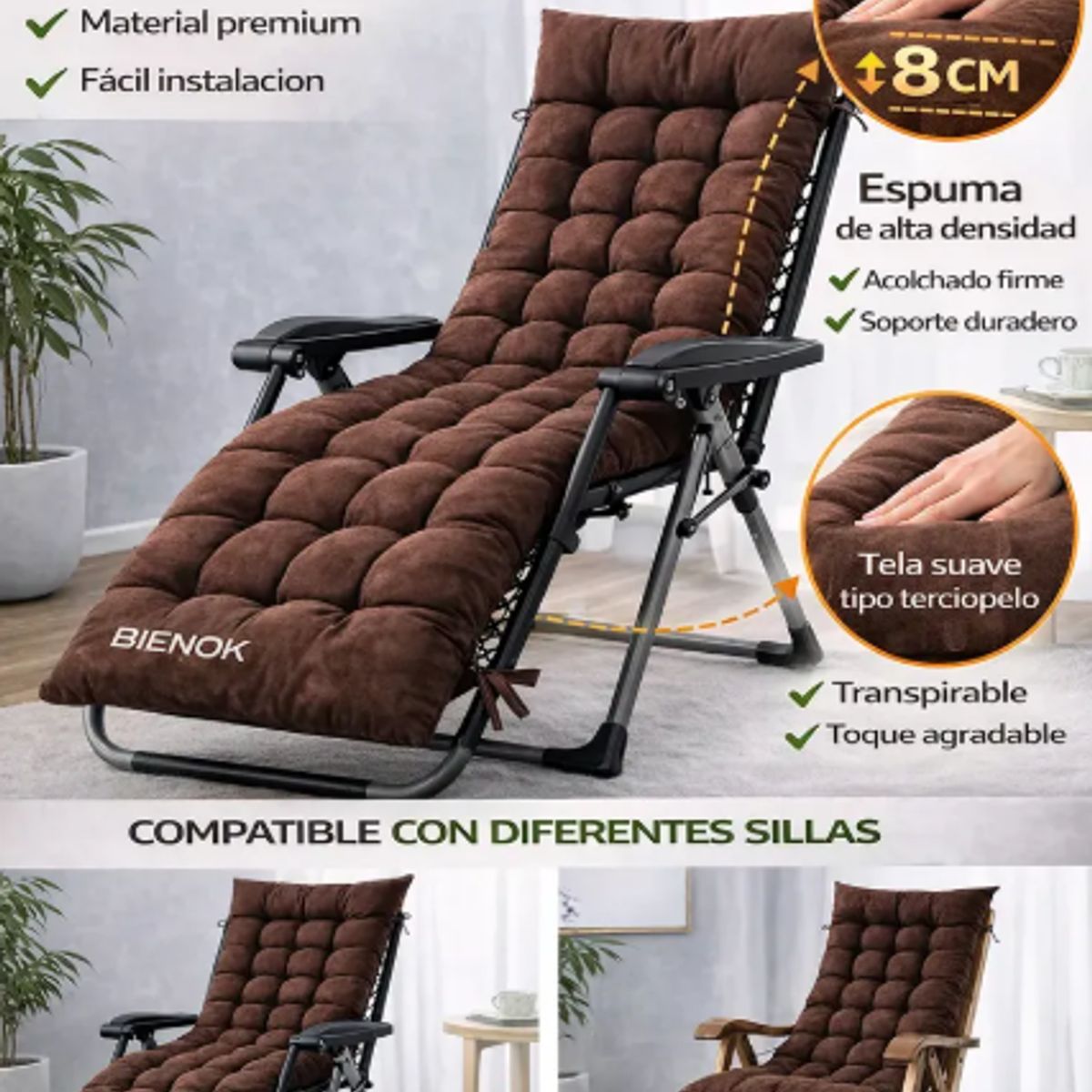 GENERICO - Cojín Acolchado Para Silla Reposera Terraza Ajustable MARRÓN