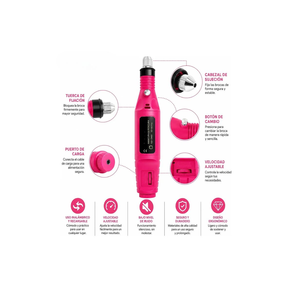 GENERICO - Dremel Uñas Manicure Pedicura Lima Para Uñas Torno - Rosa