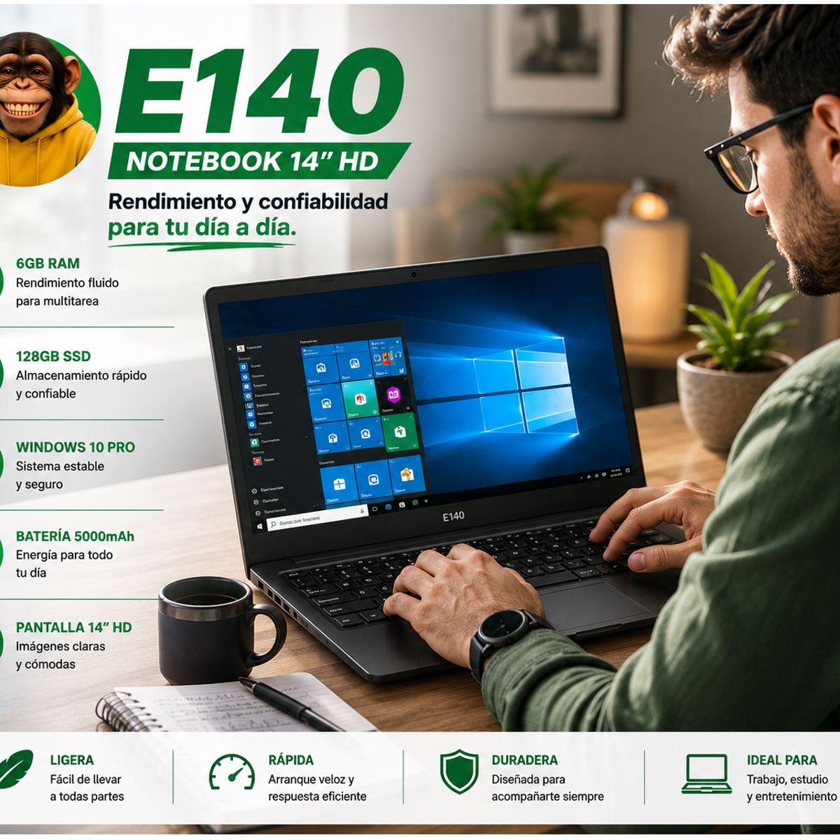 STARTECHOFFICE - Notebook E140 14 Pulgadas Intel N3350 6GB RAM 128GB SSD Windows 10 Pro 9000 mAh WIFI