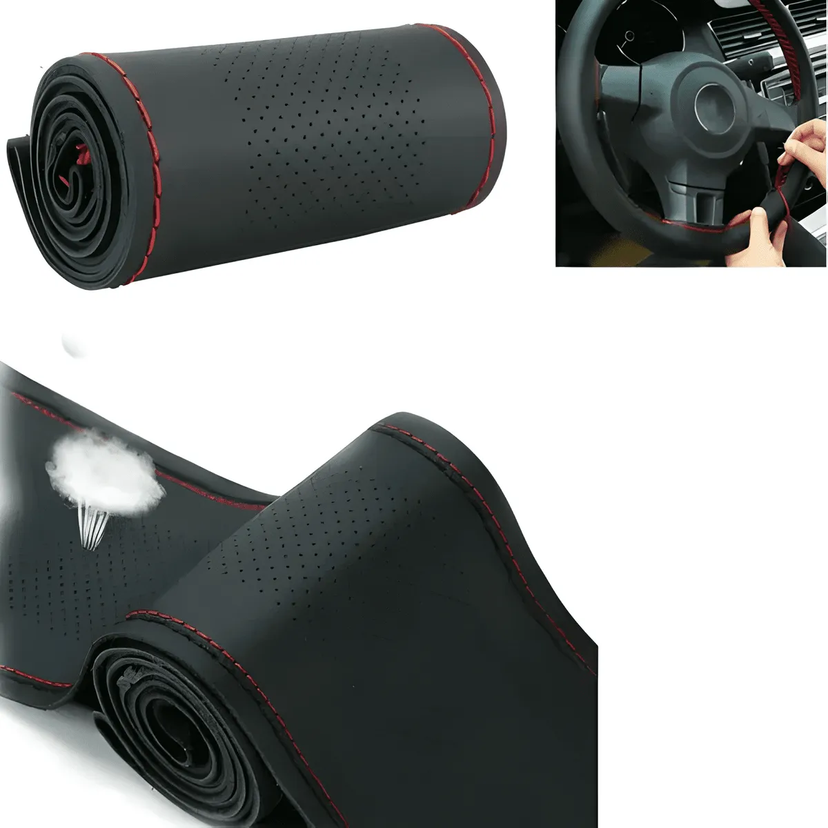 GENERICO - Funda Cubre Volante Cosido rojo para Auto+hilo+aguja Negro