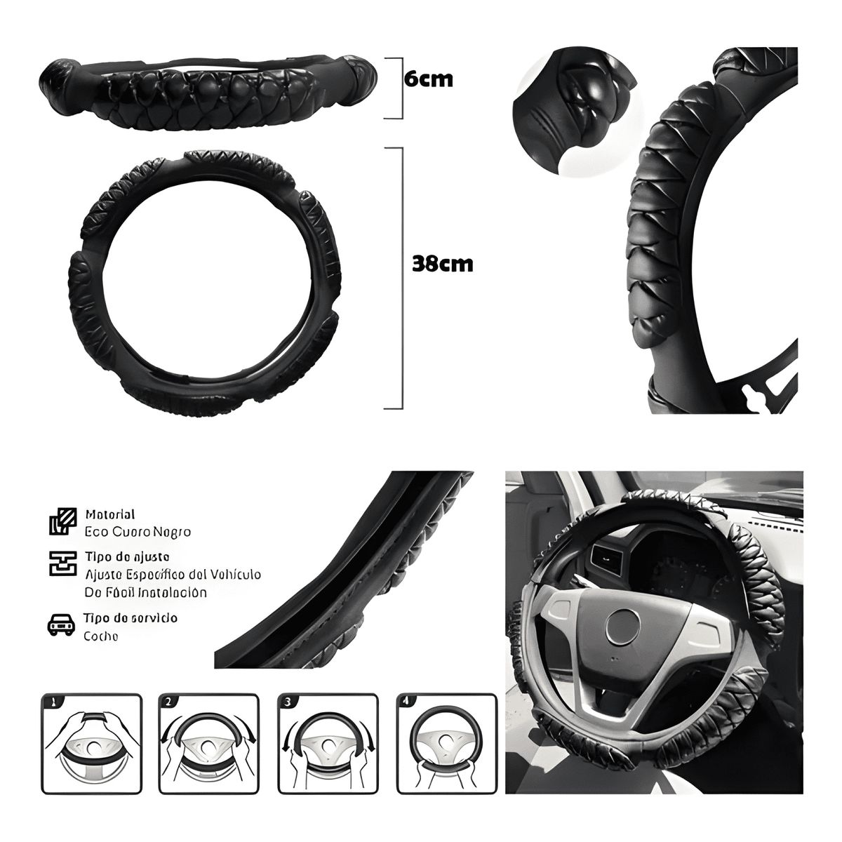 GENERICO - Funda Cubre Volante Acolchado Auto Eco Cuero Negro