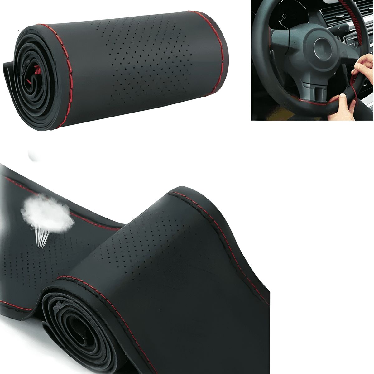GENERICO - Funda Cubre Volante Cosido rojo para Auto+hilo+aguja Negro