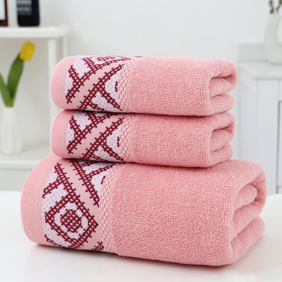 GENERICO - Set 3 Toallas De Baño 100% Algodón Bordadas Cuerpo Y Manos Rosado