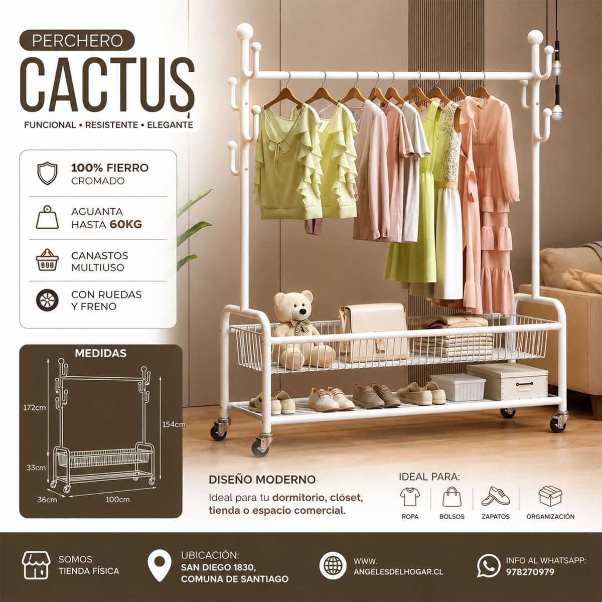 GENERICO - Perchero Diseño Cactus Con Ruedas Y Canasto