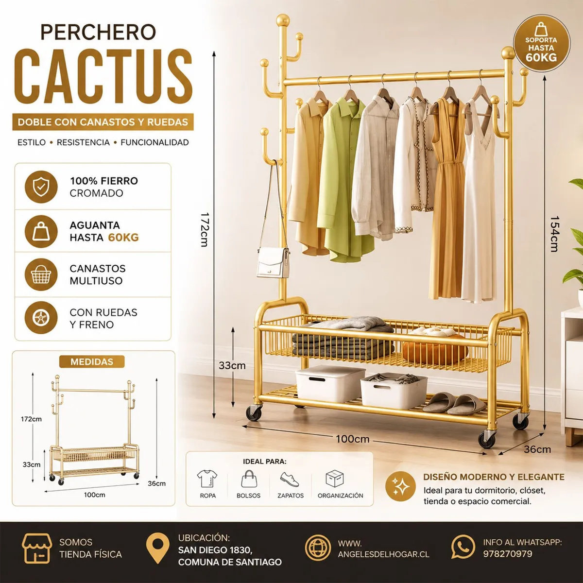 GENERICO - Perchero Diseño Cactus Con Ruedas Y Canasto