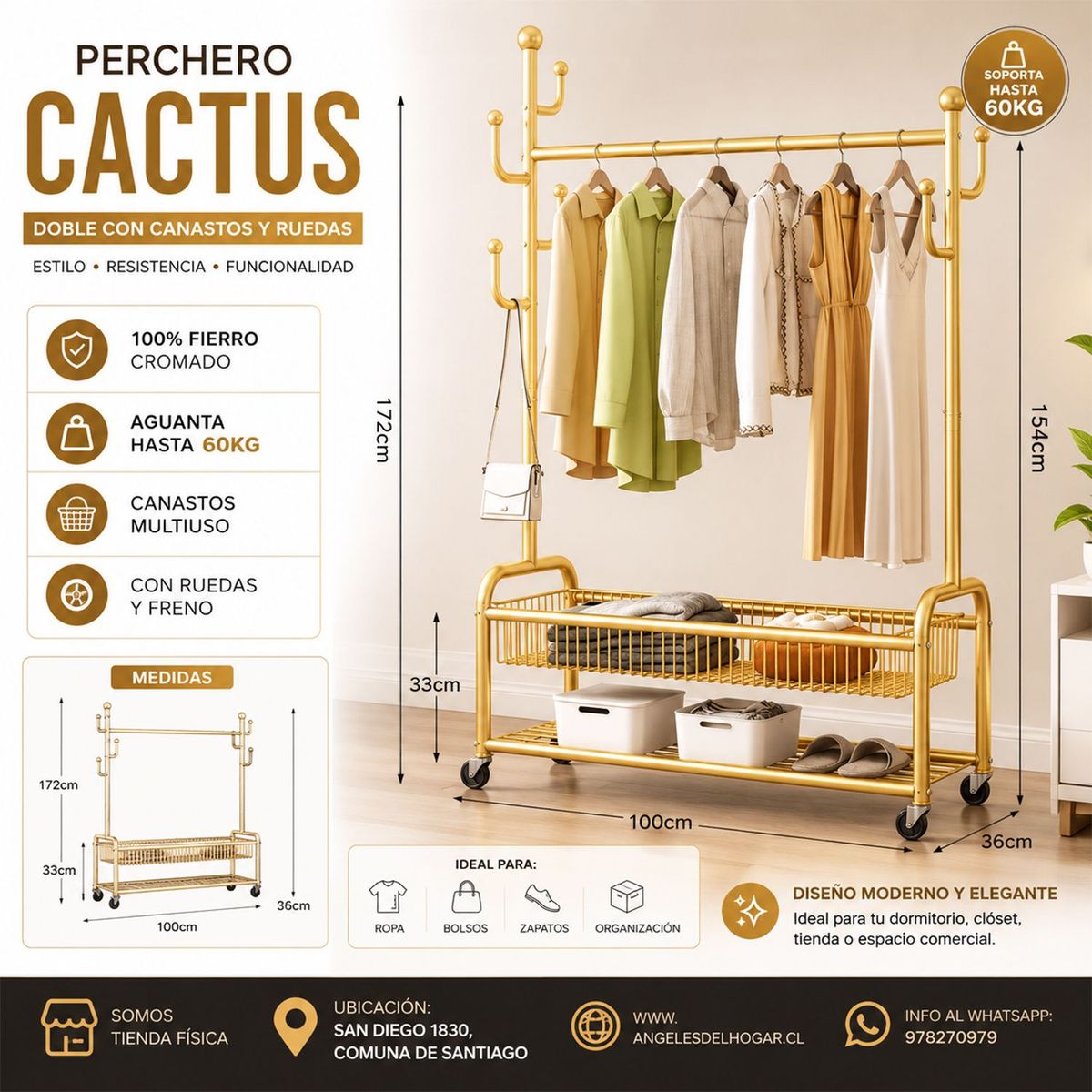 GENERICO - Perchero Diseño Cactus Con Ruedas Y Canasto
