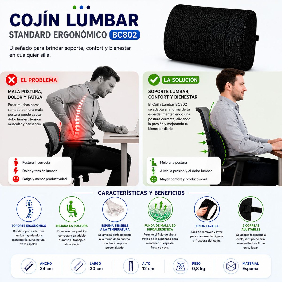 TERMOLAM - Respaldo Cojín Lumbar Standard  - Ergonómico BC802