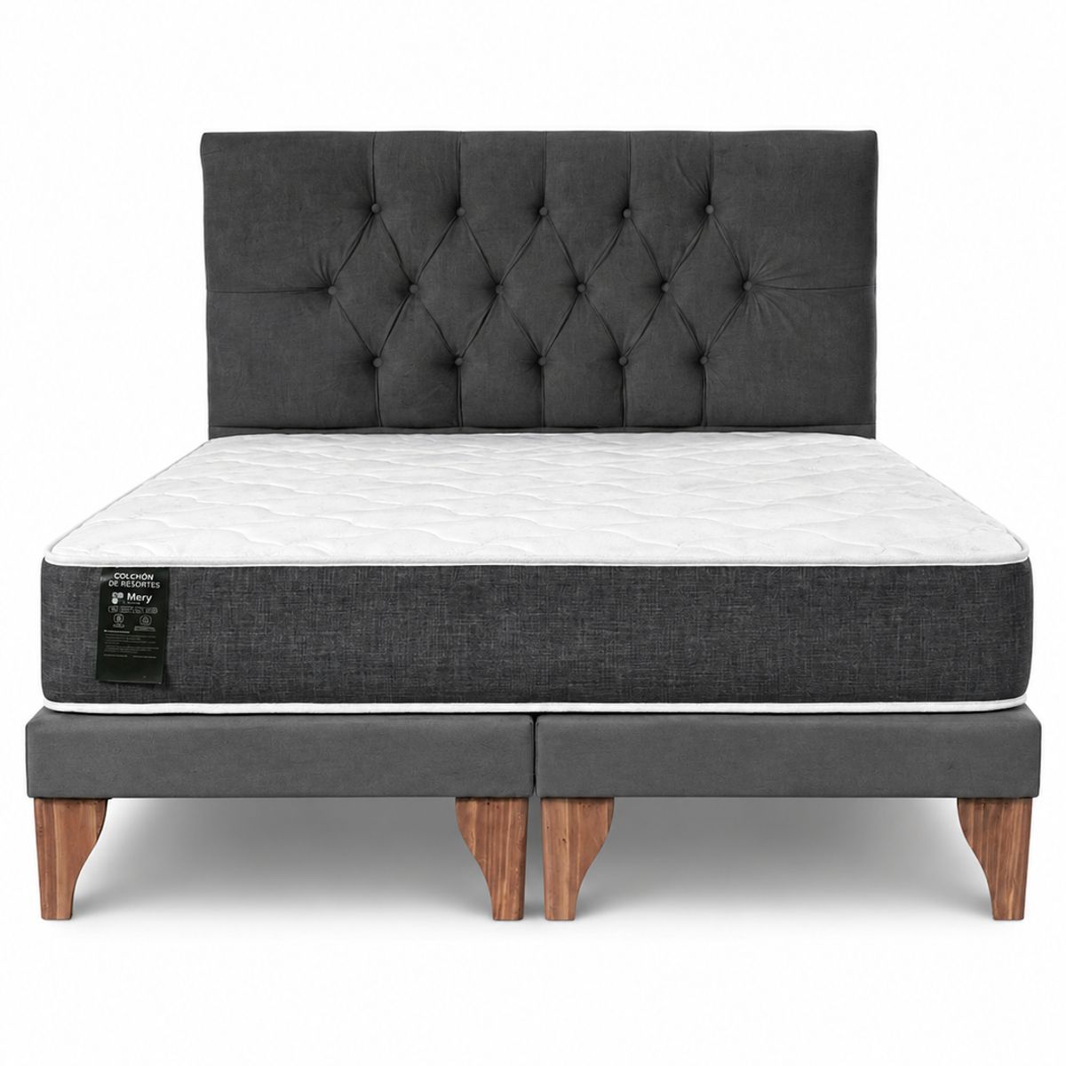 GENERICO - Cama 2 Plazas Modelo Capitone Gris Oscuro En Lino + Colchon 2P Mery Desing