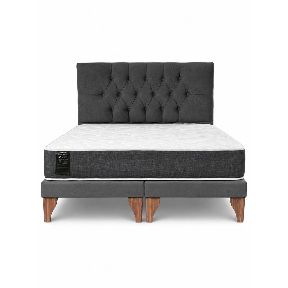GENERICO - Cama 2 Plazas Modelo Capitone Gris Oscuro En Lino + Colchon 2P Mery Desing