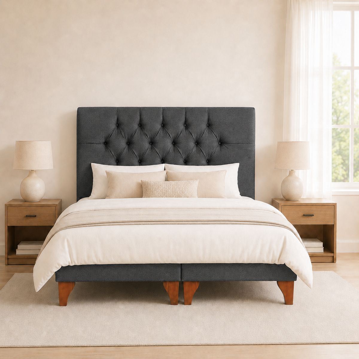 GENERICO - Cama 2 Plazas Modelo Capitone Gris Oscuro En Lino + Colchon 2P Mery Desing