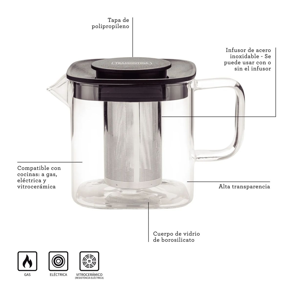 TRAMONTINA - Jarra para té de vidrio y acero inoxidable con infusor de 600 ml Tramontina
