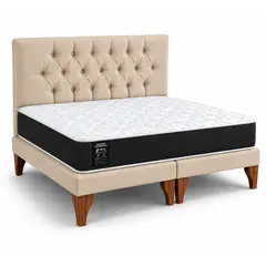 GENERICO - Cama 2 Plazas Modelo Capitone Beige En Lino + Colchon 2P Mery Desing