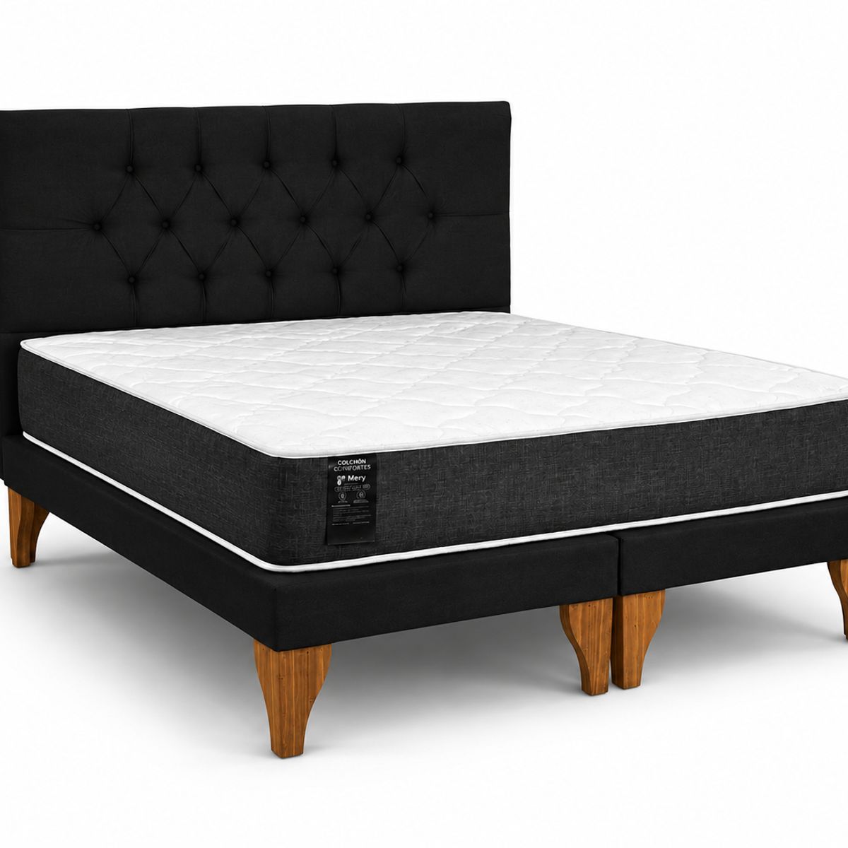 GENERICO - Cama 2 Plazas Modelo Capitone Negro En Lino + Colchon 2P Mery Desing