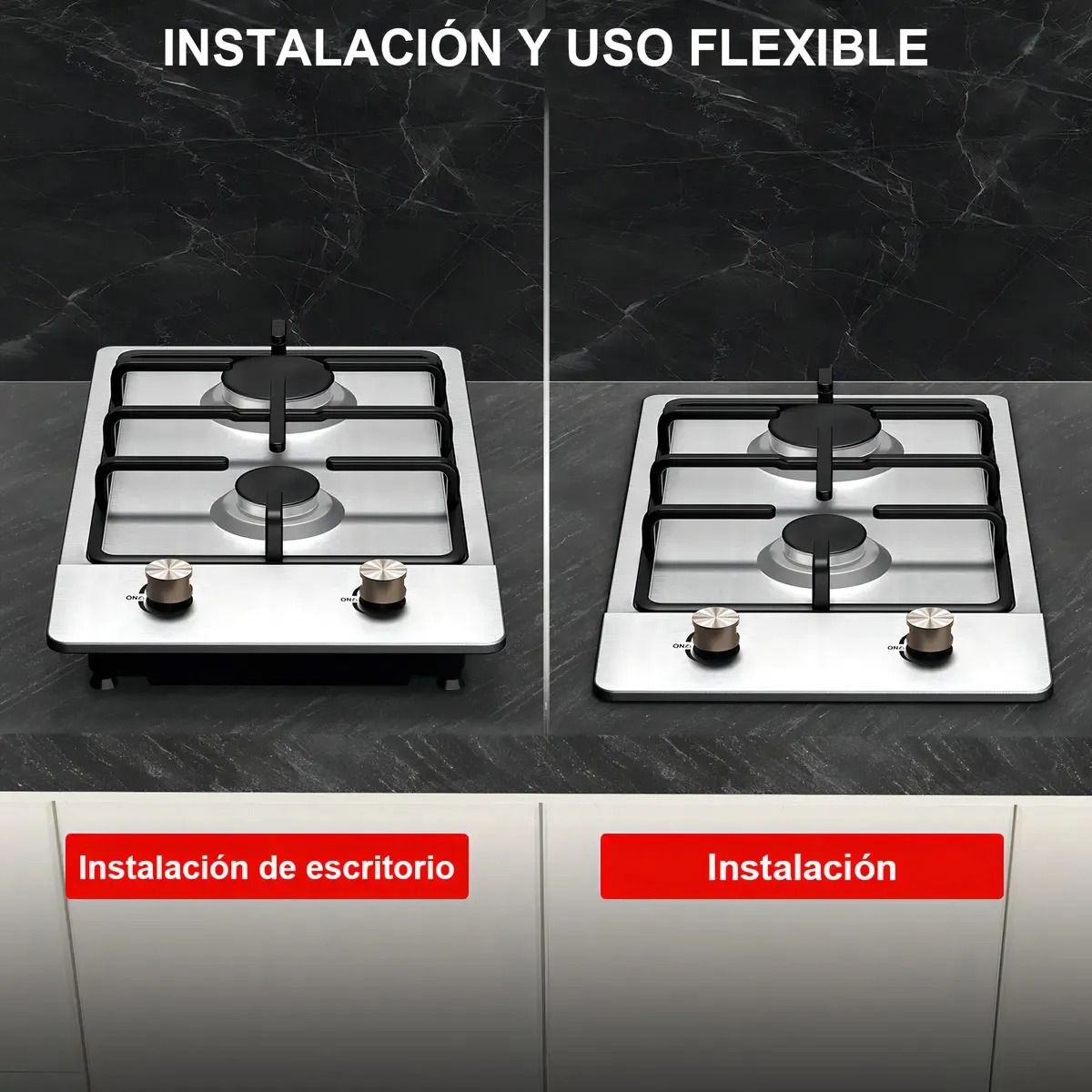 EVERSO - Cocina Encimera A Gas 2 Platos Acero Inoxidable Empotrable