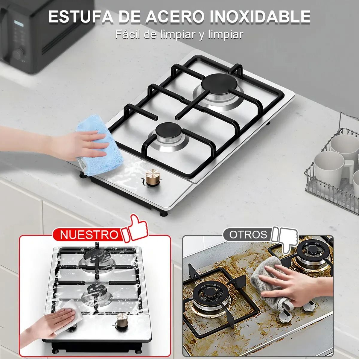 EVERSO - Cocina Encimera A Gas 2 Platos Acero Inoxidable Empotrable