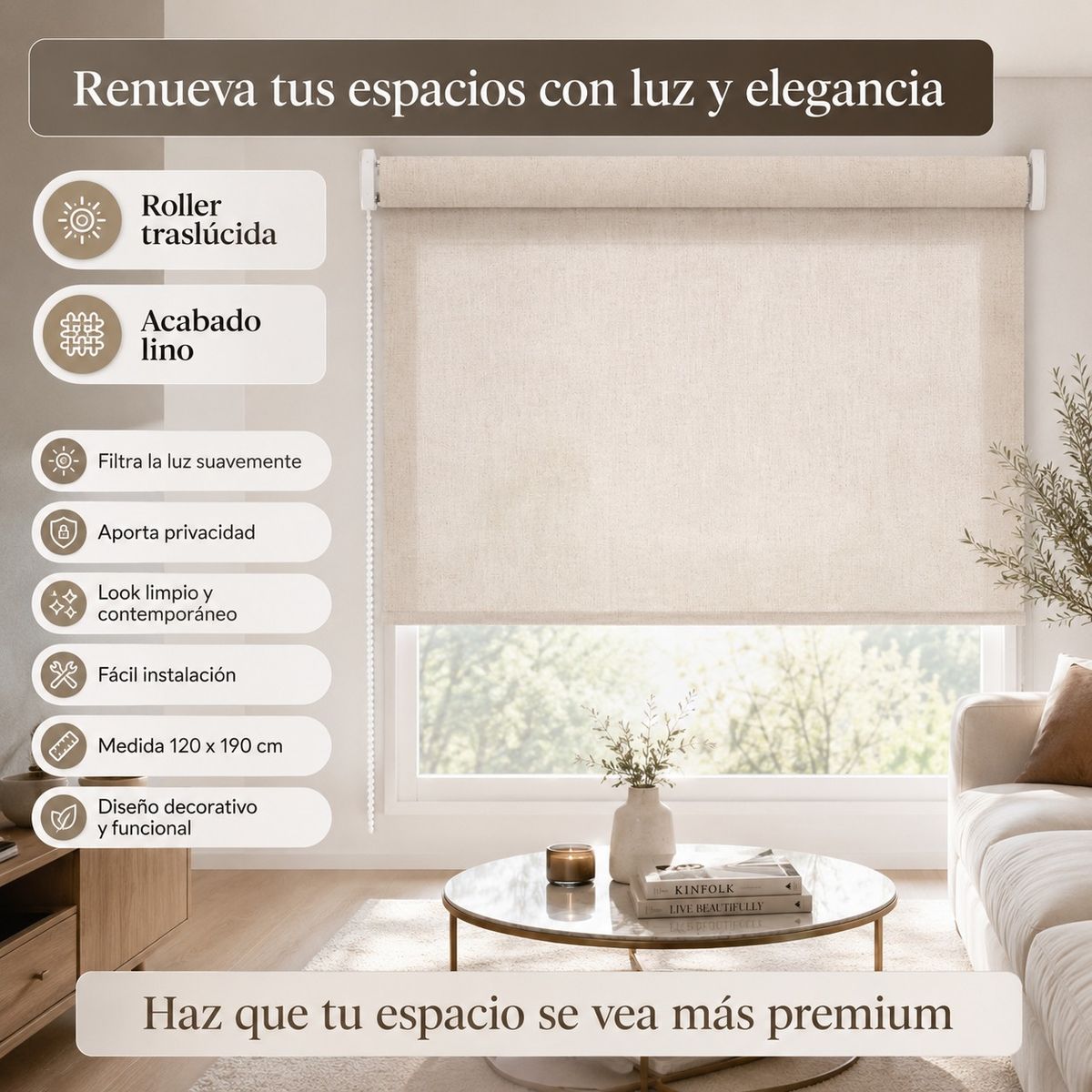 SPACE HOME - Cortina Roller Traslúcida Lino Aura 120x190 cm, Moderna y Fácil de Instalar